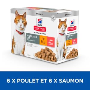 Hill's Science Plan Young Adult Sterilised Chat multipack 12 sachets repas pour chat stérilisé poulet et saumon de 85g