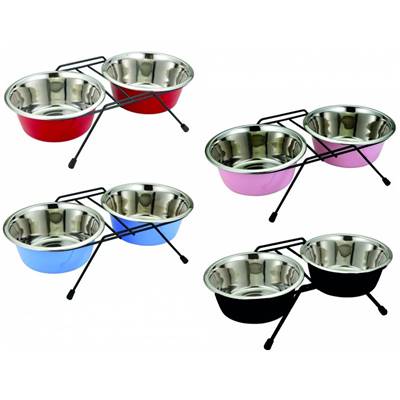 Pied double + 2 gamelles Couleurs melangees 2x0,47L/13CM