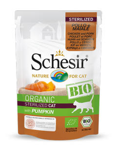 SCHESIR BIO - Sachet fraicheur BIO 85 g - Chat - Sterilisé - Poulet / Porc / Citrouille bio