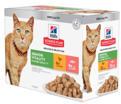 Hill's Science Plan Adult 7+ Senior Vitality multipack 12 x repas chat âgé poulet et saumon 85g