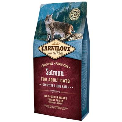 CARNILOVE CAT – Salmon for Adult Cats, Sensitive & Long Hair (sans céréales) 6kg