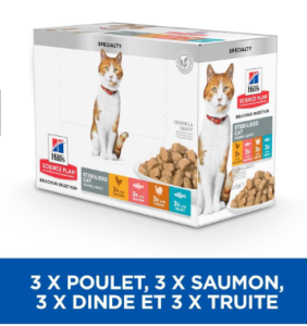 Hill's Science Plan Adult Sterilised Chat multipack 12 sachets repas pour chat stérilisé poulet Saumon Truite Dinde de 85g