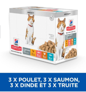 Hill's Science Plan Adult Sterilised Chat multipack 12 sachets repas chat stérilisé poulet Saumon Truite Dinde 85g