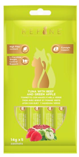 REFINE chat Creamy snack fonctionnel thon avec bœuf et pomme verte 5 x 14g